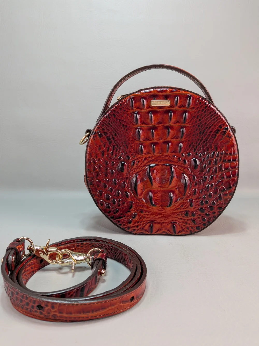 BRAHMIN Lane Circle Melbourne Pecan Crossbody Croc Embossed Leather Microfiber